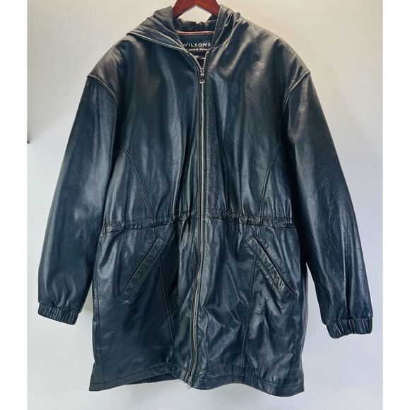 Vintage 1986 Wilsons Hooded Quilted Lined Leather Jacket Cinch‎ Waist 1X - Picture 1 of 14
